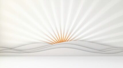 Fototapeta premium Abstract paper cut background with sun rays and wavy hills in soft colors for design projects