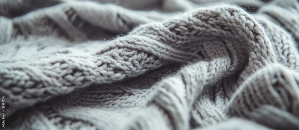 Poster Textured gray knitted fabric close-up with intricate cable knit patterns and soft folds ideal for textile designs and backgrounds. Copy Space
