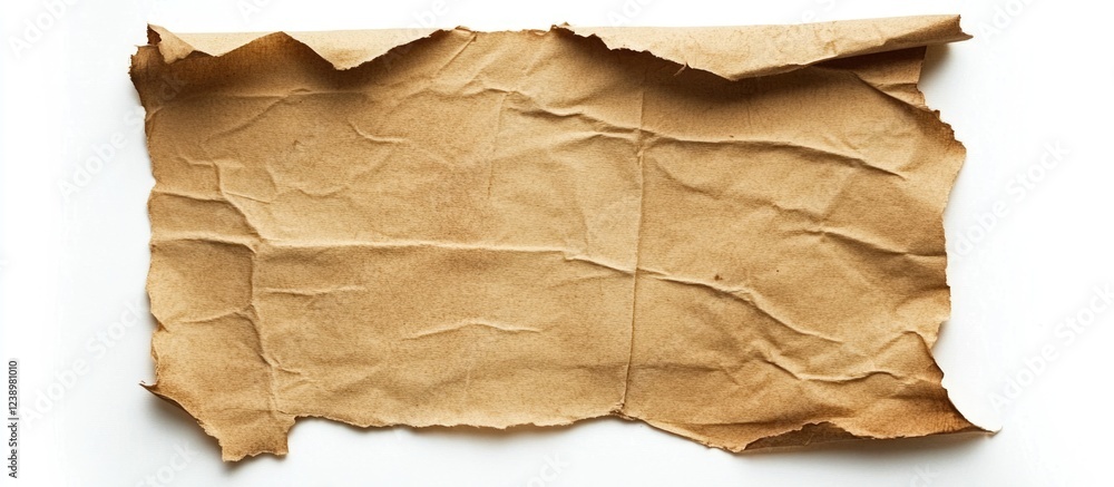 Aufkleber Crinkled textured brown paper sheet with torn edges isolated on white background providing Copy Space for text or design elements