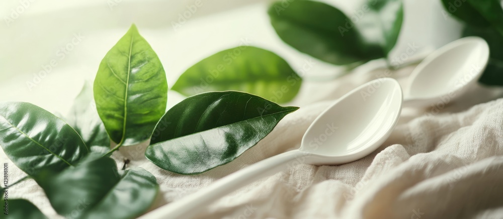 Poster white ceramic spoons placed on a textured fabric surface with fresh green leaves arranged around the