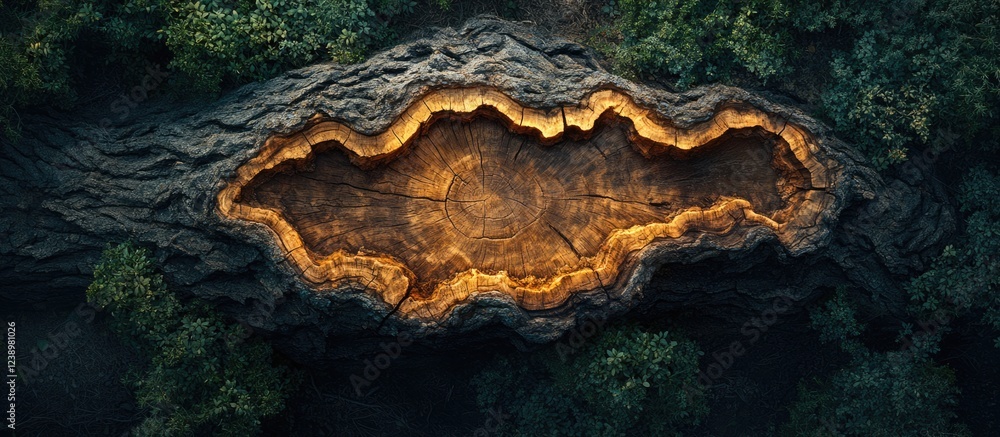 Poster aerial view of an ancient tree stump with intricate texture and bright inner surface illuminated by 