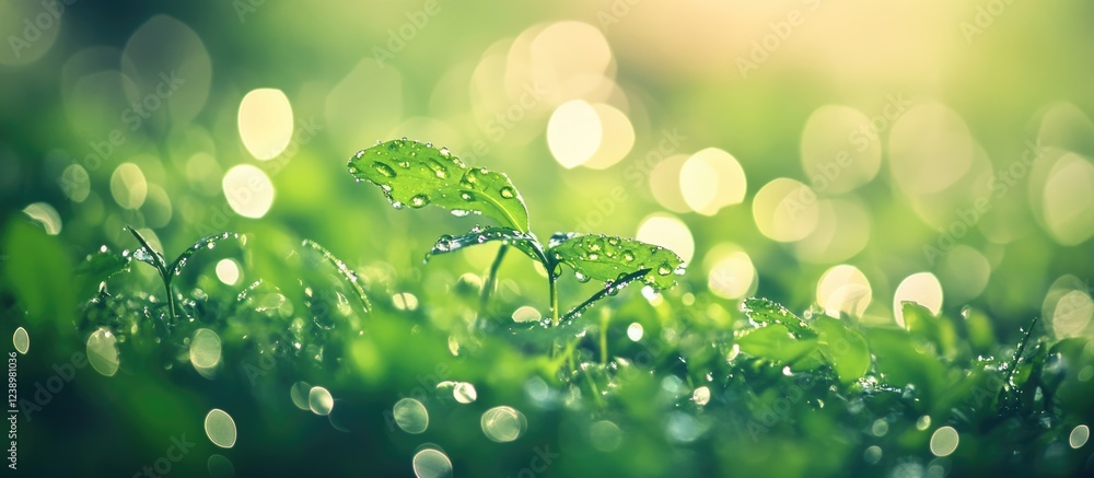 Aufkleber Macro shot of fresh green leaves with water droplets on a blurred green background showing bokeh effect and soft sunlight Copy Space