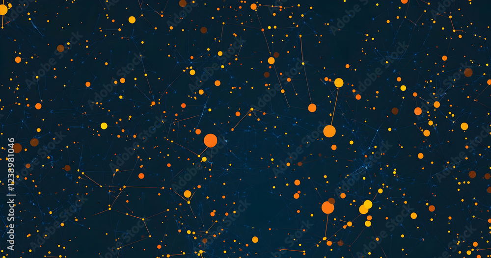 Poster a dark blue background with orange and yellow low-poly dots connected by thin lines in the shape of 