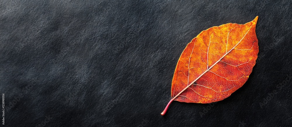 Aufkleber Close-up of an orange autumn leaf on a dark textured surface with ample Copy Space for text or design elements.