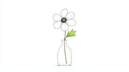Minimalist Illustration of a Single Blooming Flower in a Clear Glass Vase on a White Background