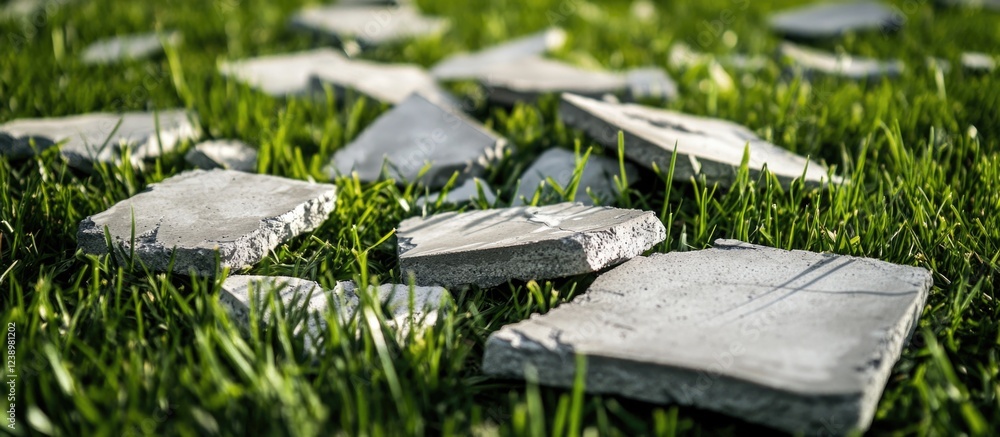 Poster scattered gray stone tiles on green grass surface in bright sunlight with natural shadows and textur
