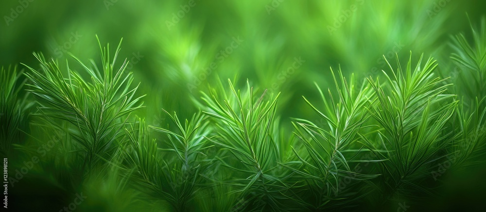 Poster green pine needles background with soft focus and natural light copy space