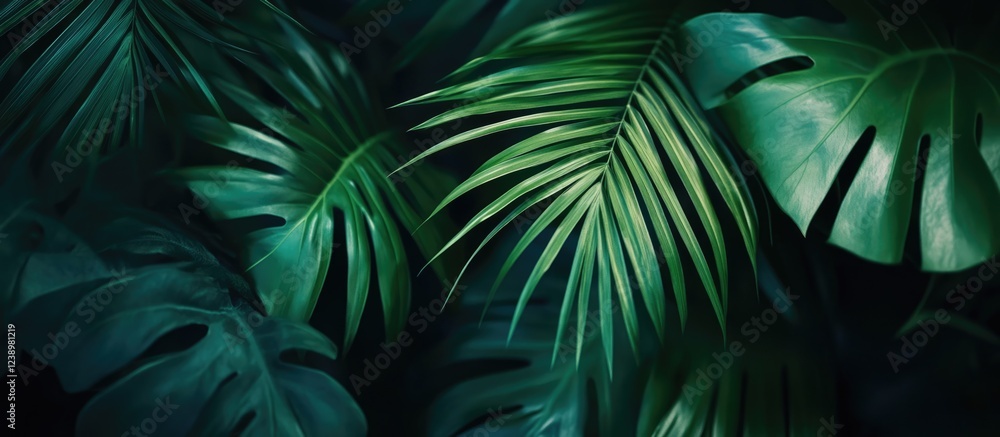 Poster green tropical leaves in close-up showcasing various shapes and textures with a dark backdrop provid