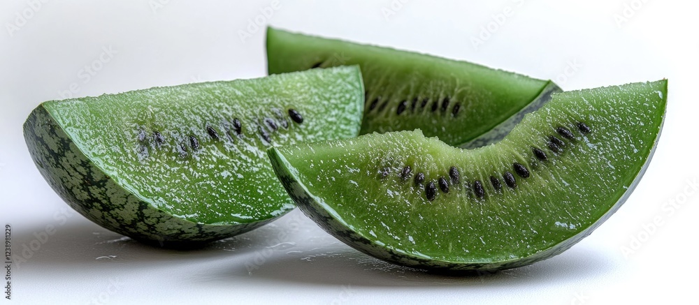 Poster Sliced green watermelon pieces arranged on a white surface with visible seeds and texture Copy Space