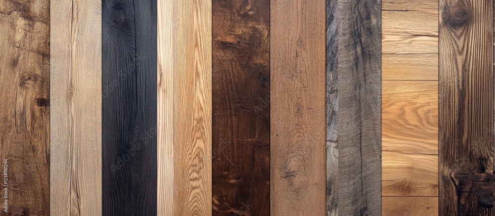 Aufkleber Wooden plank texture samples in various colors and patterns arranged in a vertical layout Copy Space