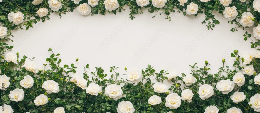 Poster White roses frame on a plain background with greenery leaves and copy space for text placement. Suitable for floral design themes.