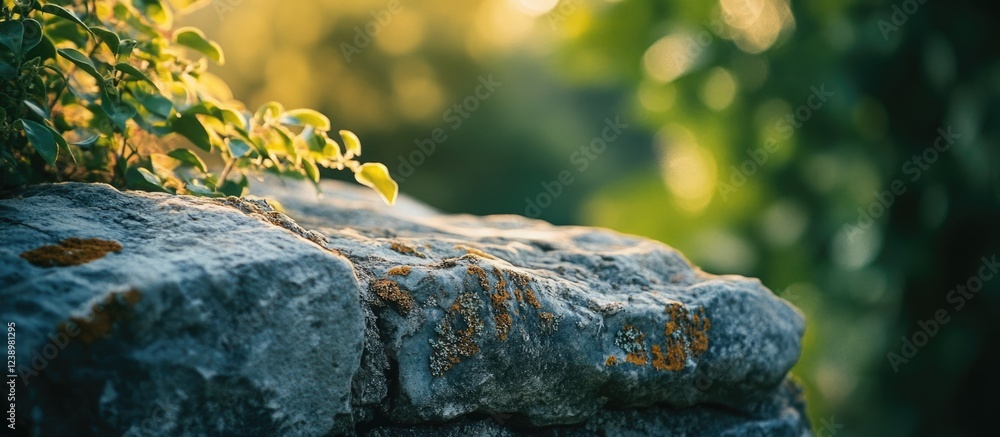 Poster stone surface covered in green moss with soft background bokeh and lush foliage in natural evening l