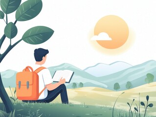 Fototapeta premium Focused Student Studying in Peaceful Environment Under Beautiful Sunset with Natural Landscape
