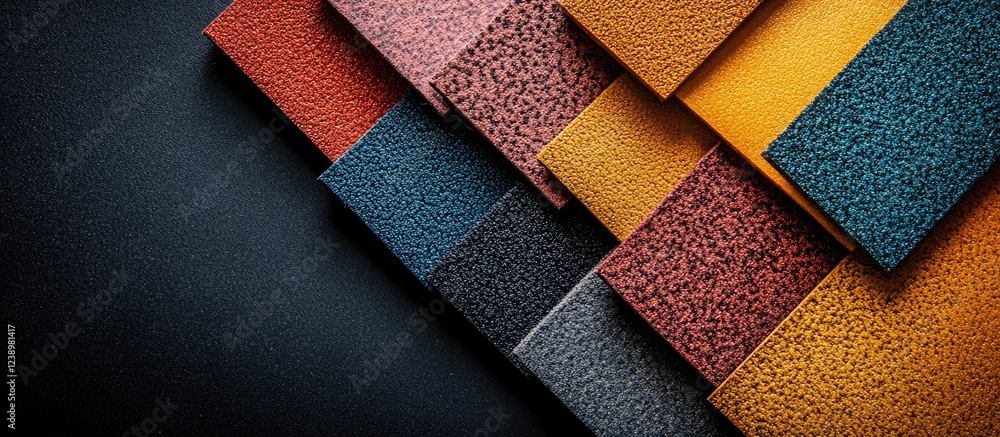 Poster Colorful textured surfaces arranged on a dark background showcasing various materials with copy space for design elements