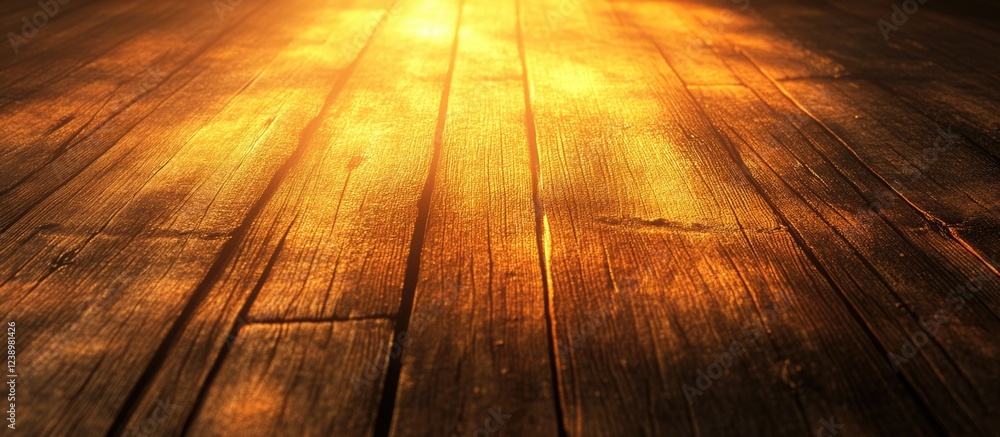 Aufkleber Wooden floor with warm golden light illuminating the surface creating a textured and inviting atmosphere Copy Space