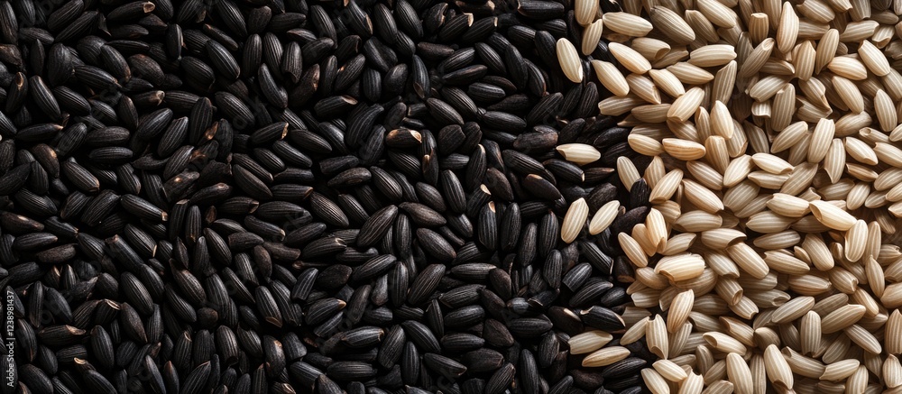 Aufkleber Black and white sesame seeds arranged in contrasting sections on a textured surface with room for text Copy Space