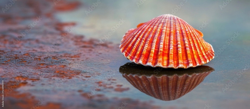 Aufkleber colorful scallop shell on a reflective surface with intricate ridges and patterns against a blurred 