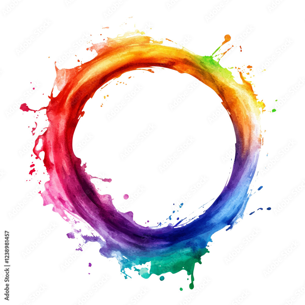 Poster A vibrant rainbow watercolor circular splash design with dynamic movement and a glossy texture creating an abstract artistic background.