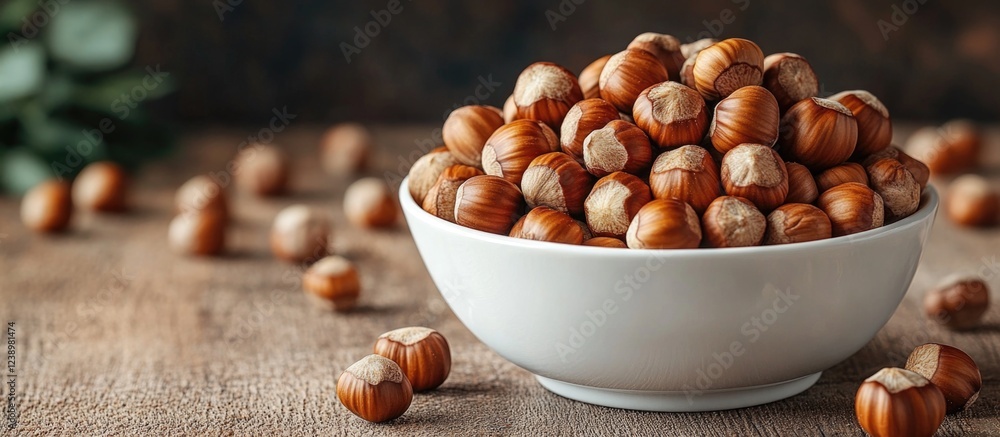 Poster bowl of fresh hazelnuts on wooden table with scattered nuts around in natural light with copy space