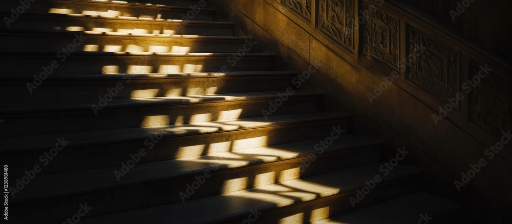 Poster light and shadow patterns on stone staircase with intricate wall detail and sunlight creating a warm