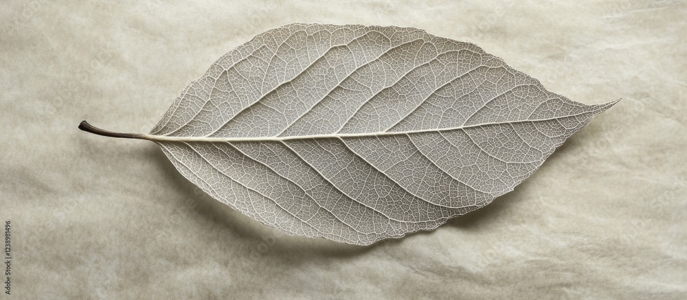 Poster Dried leaf on textured background showcasing intricate vein patterns with natural lighting and neutral tones Copy Space