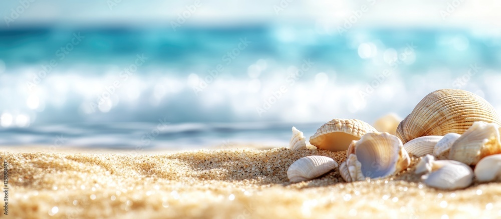 Aufkleber Close-up of assorted seashells on sandy beach with gentle ocean waves in soft focus background Copy Space