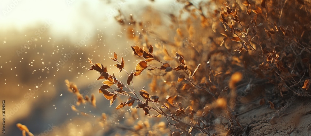 Aufkleber Close-up of dry brown leaves with bokeh effect in soft golden light and blurred background Copy Space