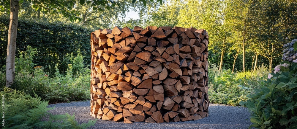 Aufkleber Wooden logs neatly stacked in a circular pattern in a garden setting with green foliage and sunlight, featuring Copy Space.