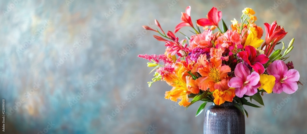 Poster colorful bouquet of mixed flowers in a dark vase with blurred colorful background and ample copy spa