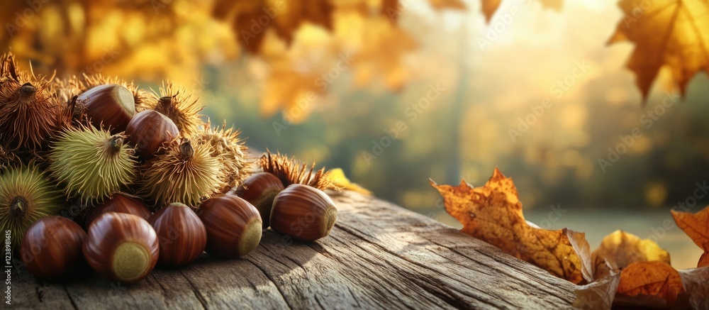 Poster autumn arrangement of hazelnuts and chestnuts on textured wooden surface surrounded by colorful leav