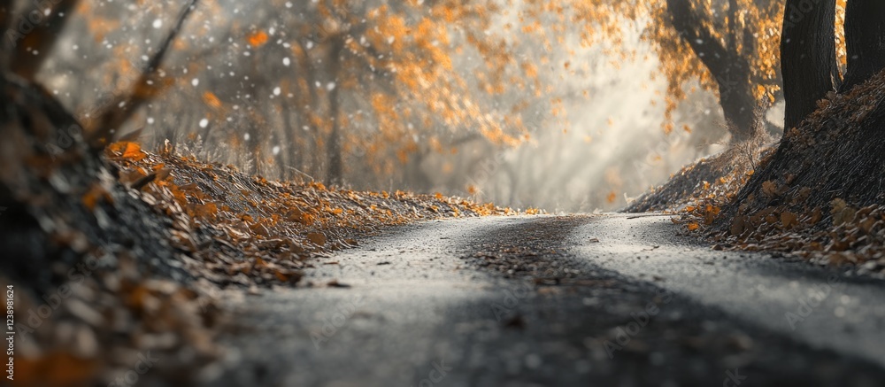 Poster Curved pathway through autumn trees with fallen orange leaves and soft sunlight in a blurred forest setting Copy Space