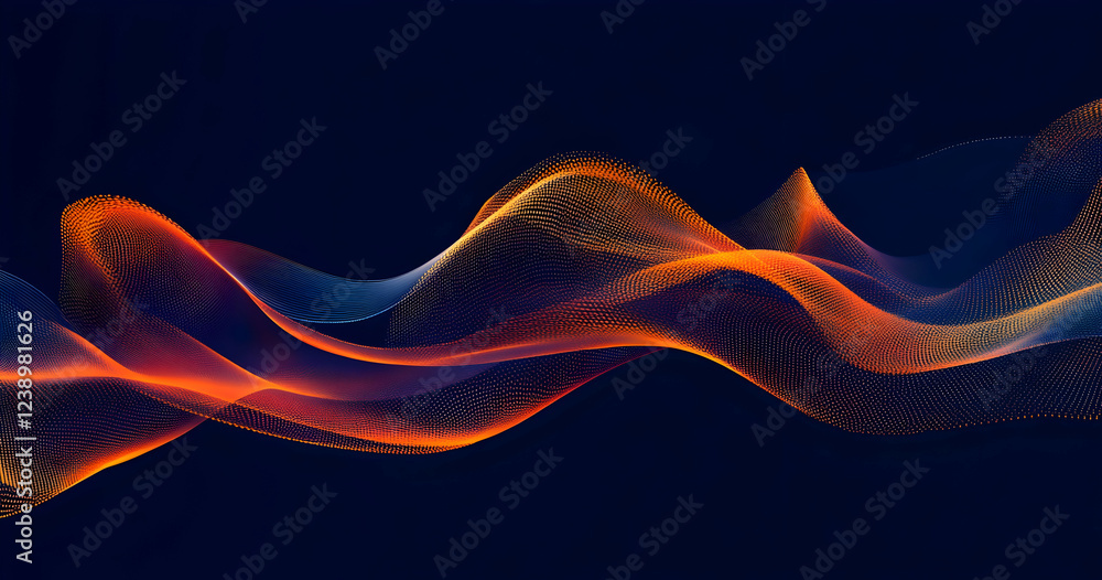 Poster a dark blue background with orange and yellow low-poly dots connected by thin lines in the shape of 