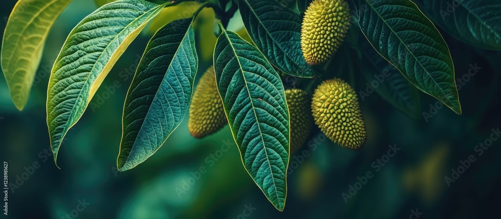 Poster Close-up of lychee fruits growing on a tree branch surrounded by green leaves with natural lighting and deep background blur Copy Space