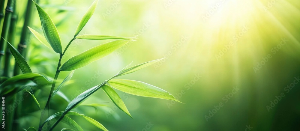Poster lush green bamboo leaves with sunlight creating a warm glow in the background copy space
