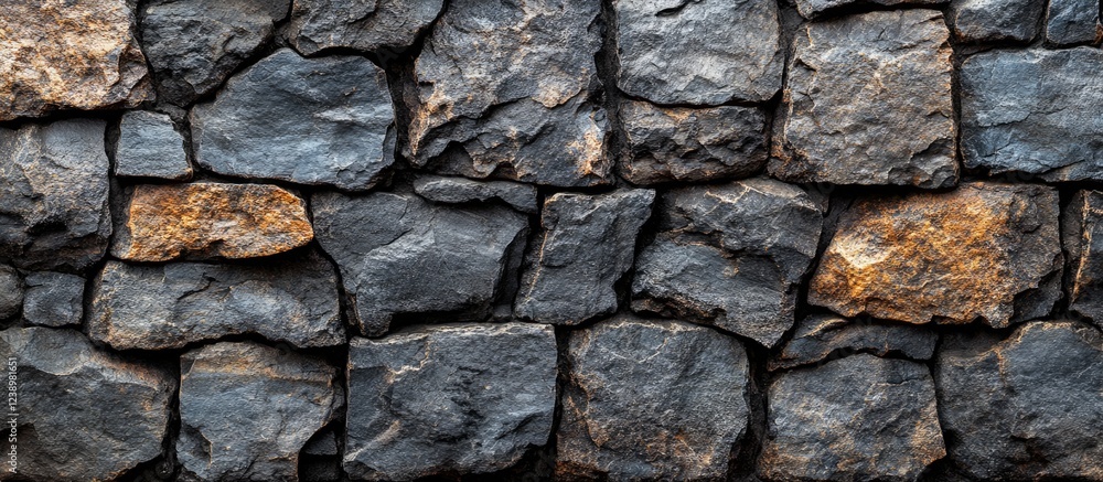 Poster textured stone wall with variously shaped dark rocks and some light brown accents suitable for backg
