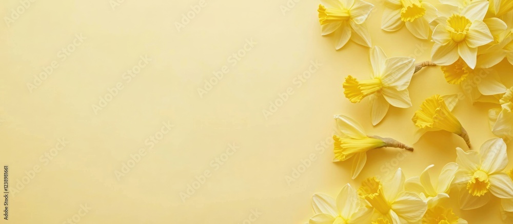 Poster yellow daffodil flowers arranged on a pale yellow background with ample copy space for text or desig