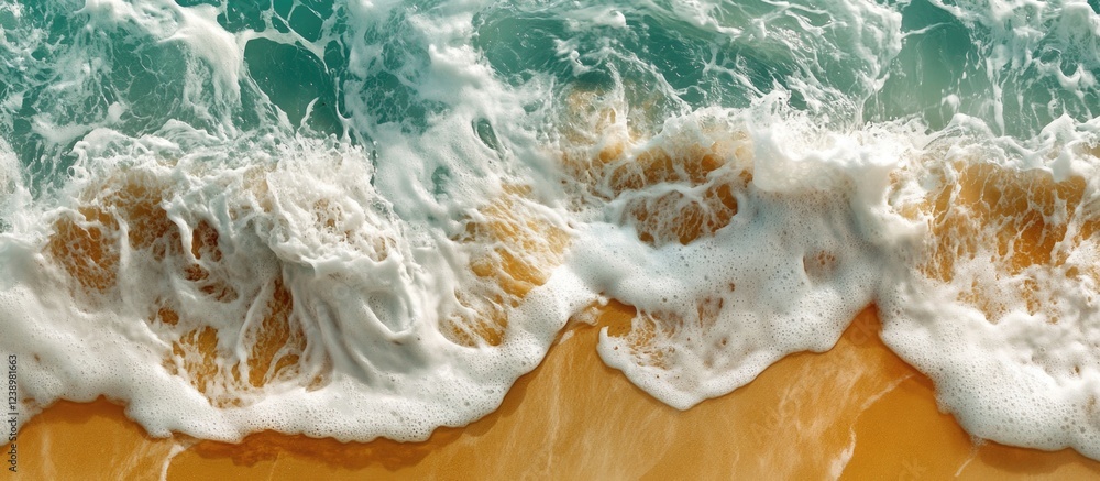 Poster waves crashing on sandy beach creating foam patterns with turquoise water and golden sand copy space