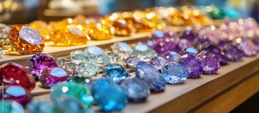 Poster colorful assortment of various cut gemstones displayed on a wooden surface with blurred background c