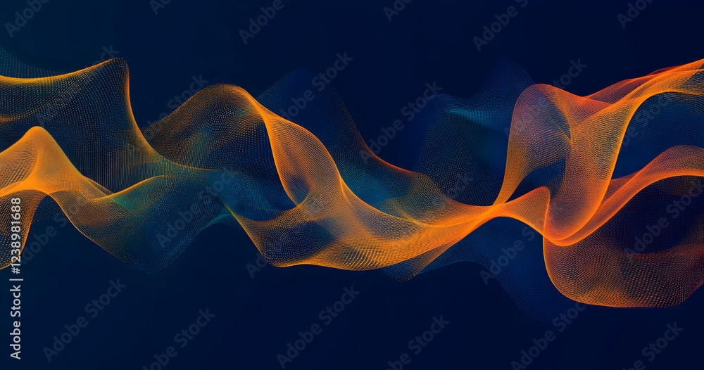 Poster a dark blue background with orange and yellow low-poly dots connected by thin lines in the shape of 