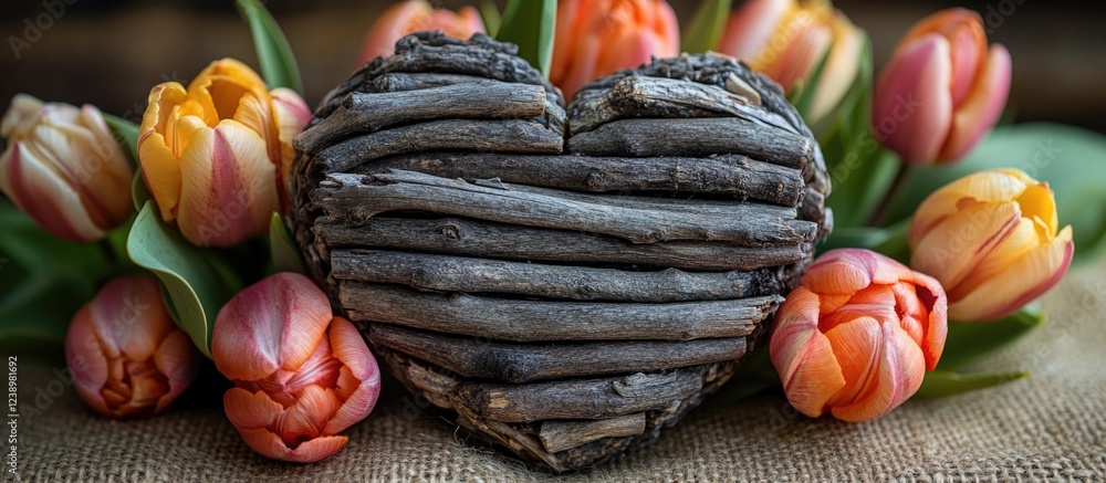 Poster heart-shaped wooden decoration surrounded by colorful tulips on a burlap background with natural lig