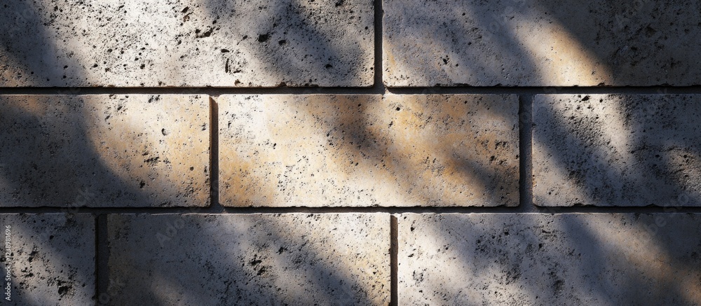 Poster textured stone brick wall with shadow patterns and natural light highlighting surface imperfections 