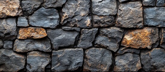 Textured stone wall with variously shaped dark rocks and some light brown accents suitable for background use Copy Space