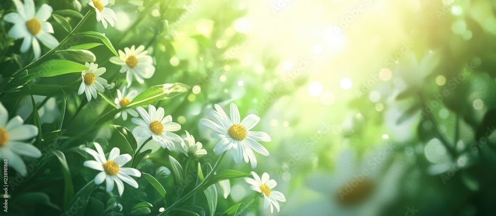 Poster Close-up of white daisies in a lush green field illuminated by soft sunlight with a bokeh effect and Copy Space for text placement
