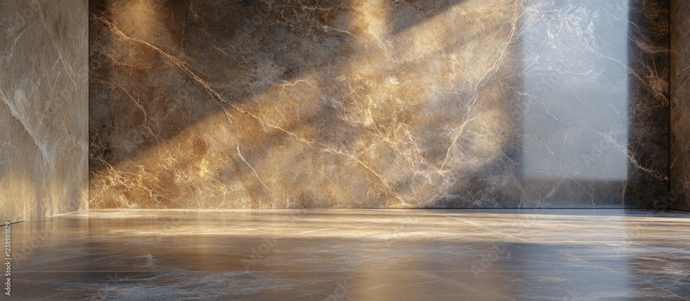 Poster interior view of modern empty room with marble walls and polished floor illuminated by natural light