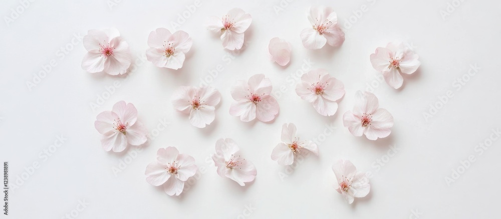 Poster pink cherry blossom flowers arranged on a white background with ample copy space for text. ideal for