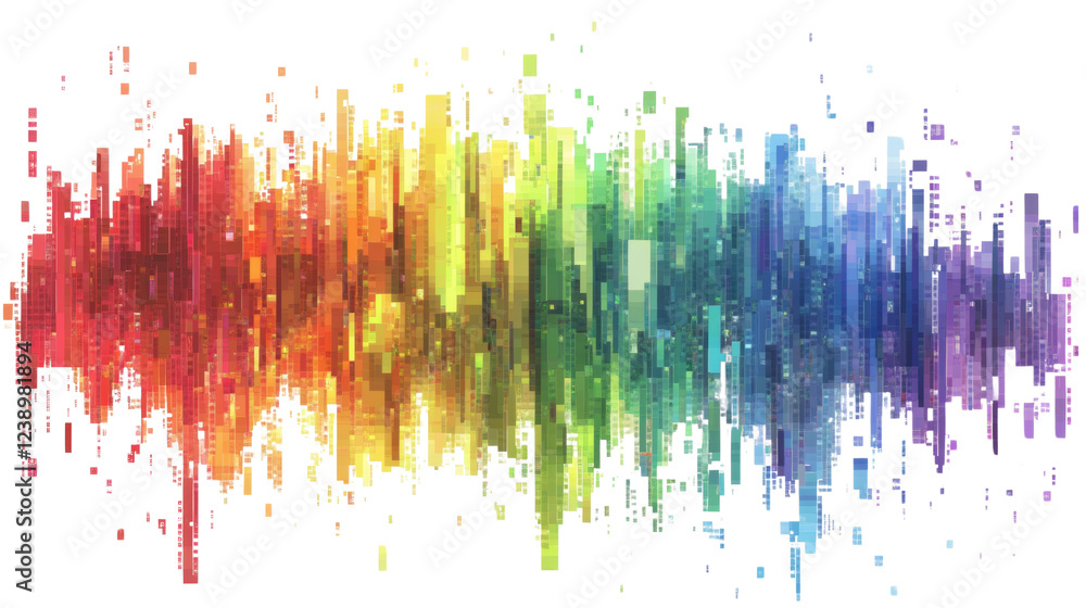 Poster the image depicts a digital abstract artwork resembling a cityscape rendered in a vibrant rainbow pi