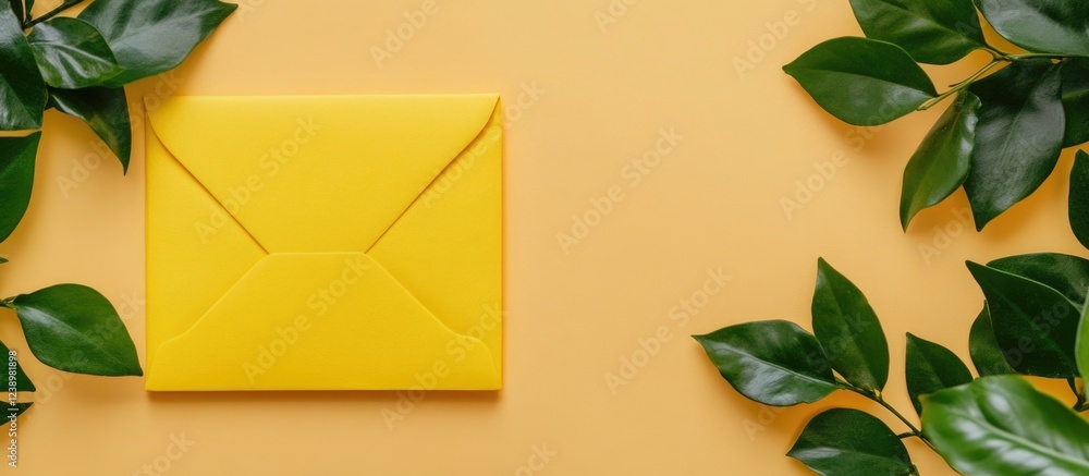 Poster yellow envelope on a solid yellow background surrounded by green leaves with ample copy space for te