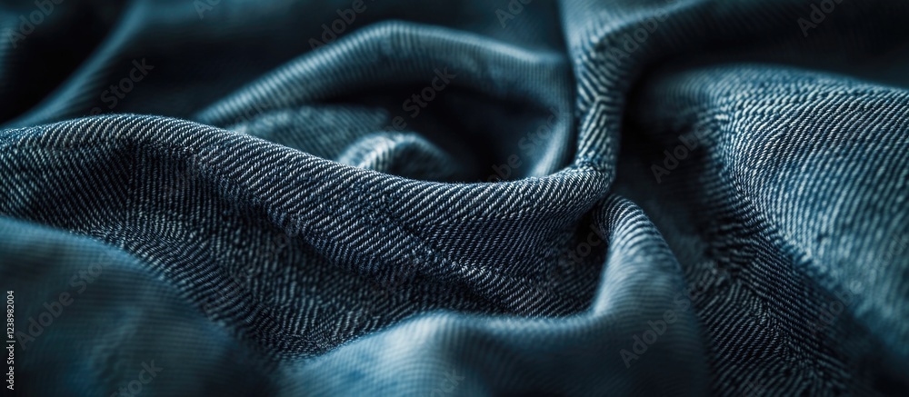 Poster Close-up of textured blue denim fabric with intricate weave patterns and folds suitable for textile design and fashion applications