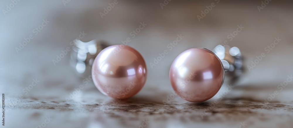 Poster close-up of pink pearl earrings with silver clasps on a marble background with soft focus and copy s