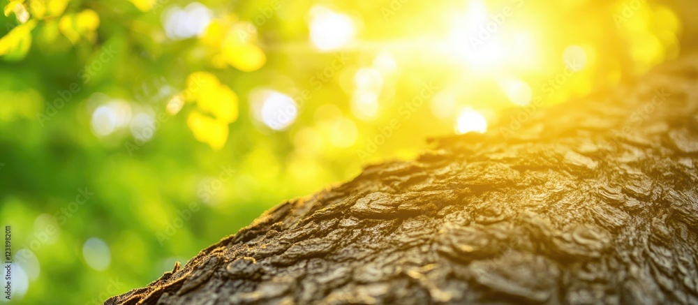 Aufkleber sunlight filtering through green leaves highlighting textured tree trunk in nature environment copy 
